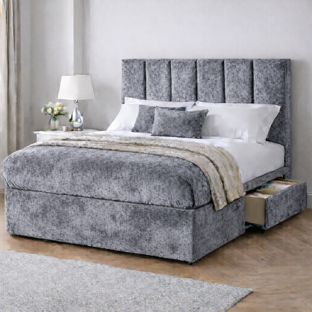 Crushed Velvet Bed with Headboard, Mattress & Drawer