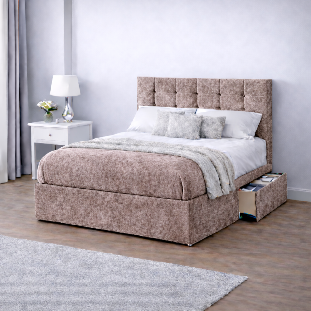 Crushed Velvet Bed with Headboard, Mattress & Drawer