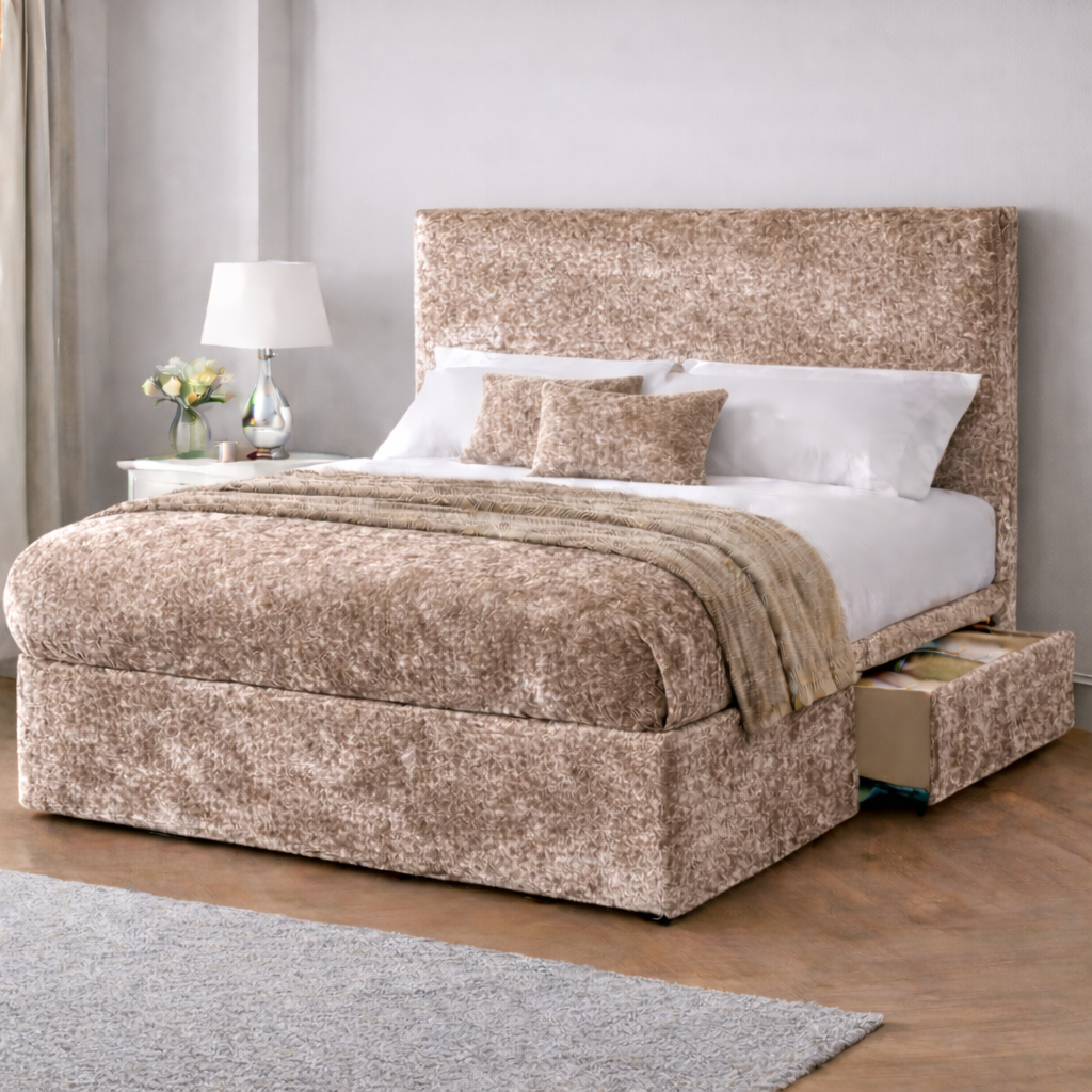 Crushed Velvet Bed with Headboard, Mattress & Drawer