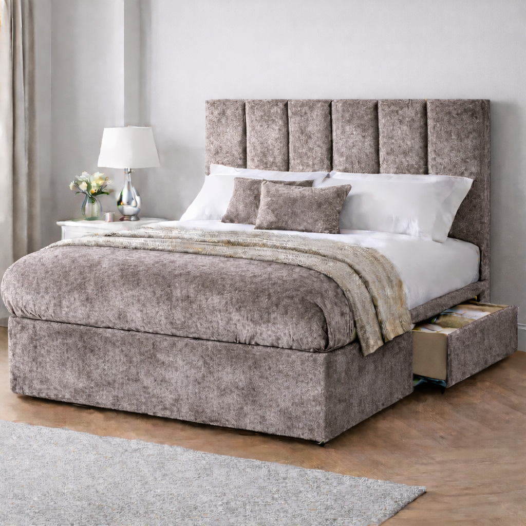 Crushed Velvet Bed with Headboard, Mattress & Drawer