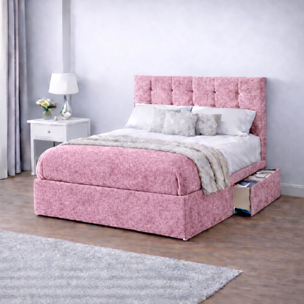 Crushed Velvet Bed with Headboard, Mattress & Drawer