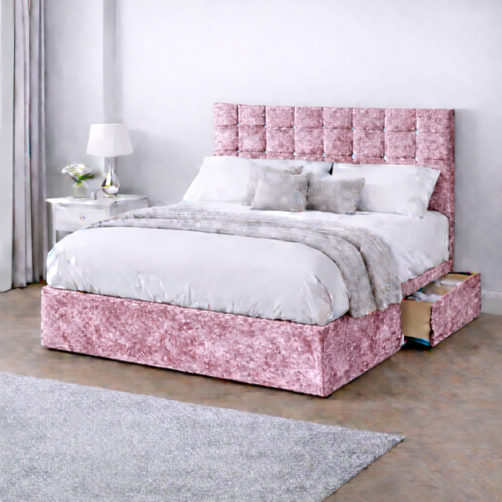 Crushed Velvet Bed with Headboard, Mattress & Drawer