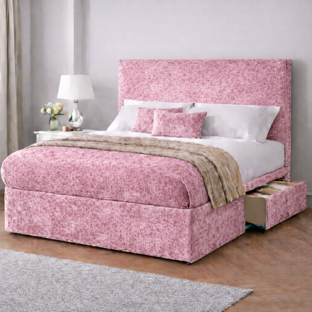Crushed Velvet Bed with Headboard, Mattress & Drawer