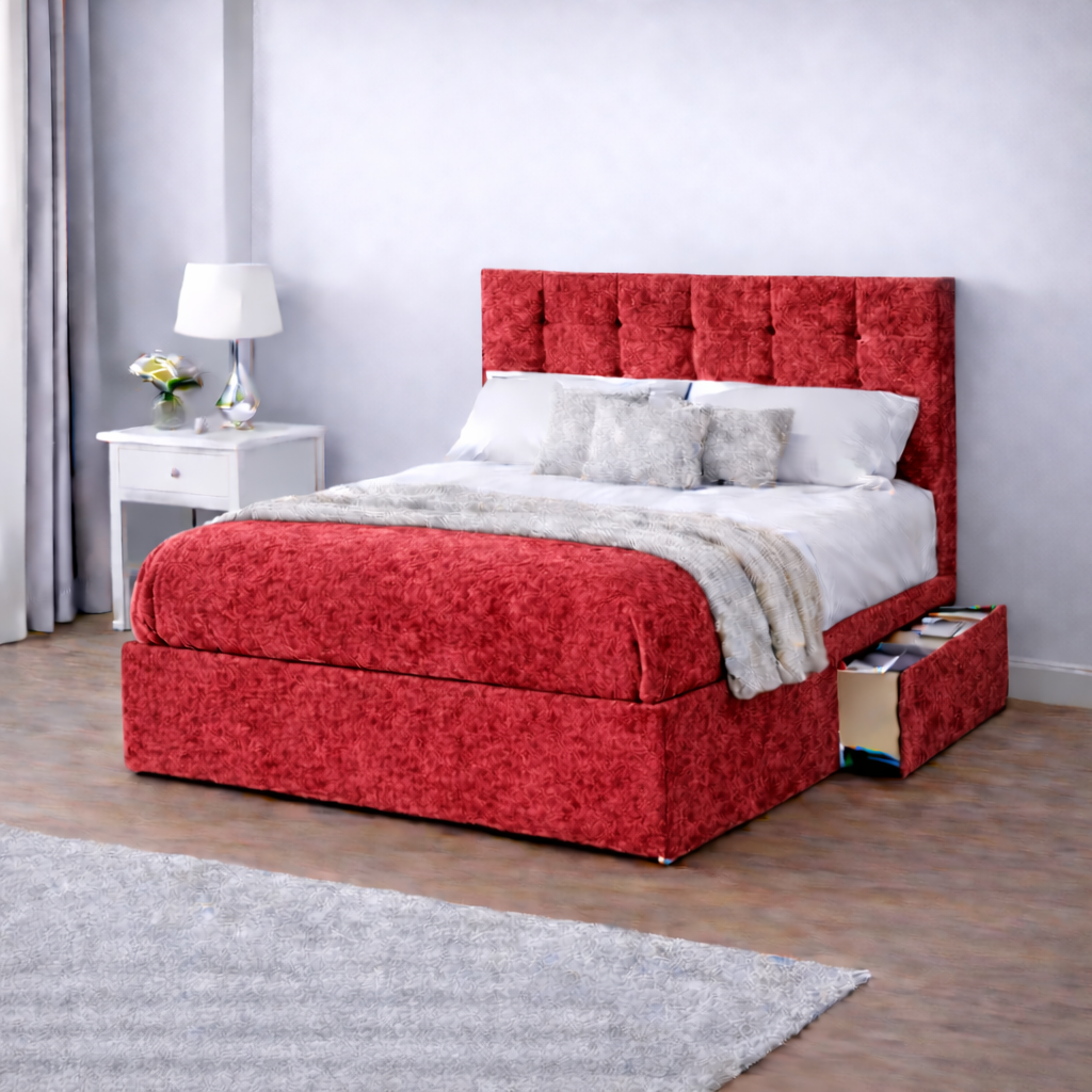 Crushed Velvet Bed with Headboard, Mattress & Drawer
