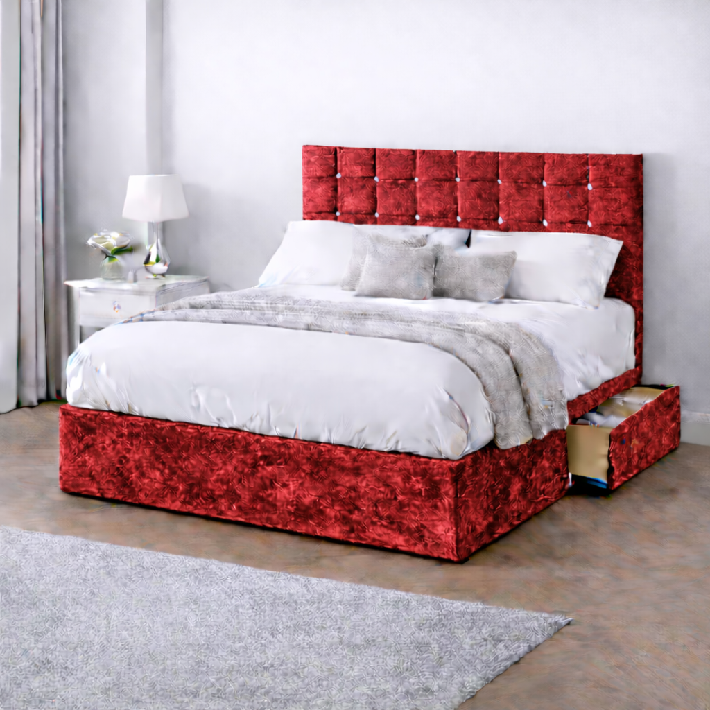 Crushed Velvet Bed with Headboard, Mattress & Drawer