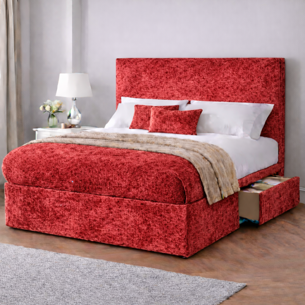 Crushed Velvet Bed with Headboard, Mattress & Drawer