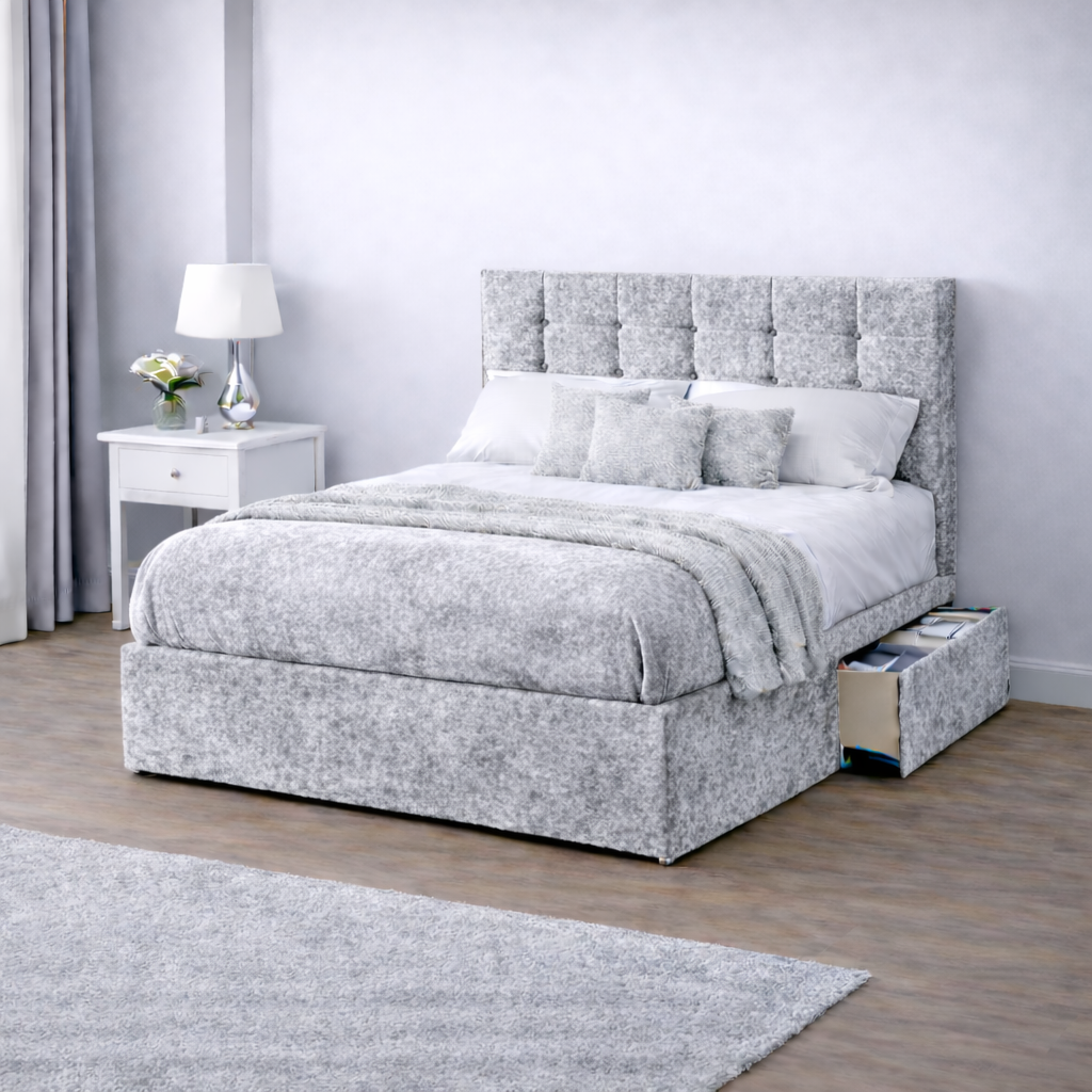 Crushed Velvet Bed with Headboard, Mattress & Drawer