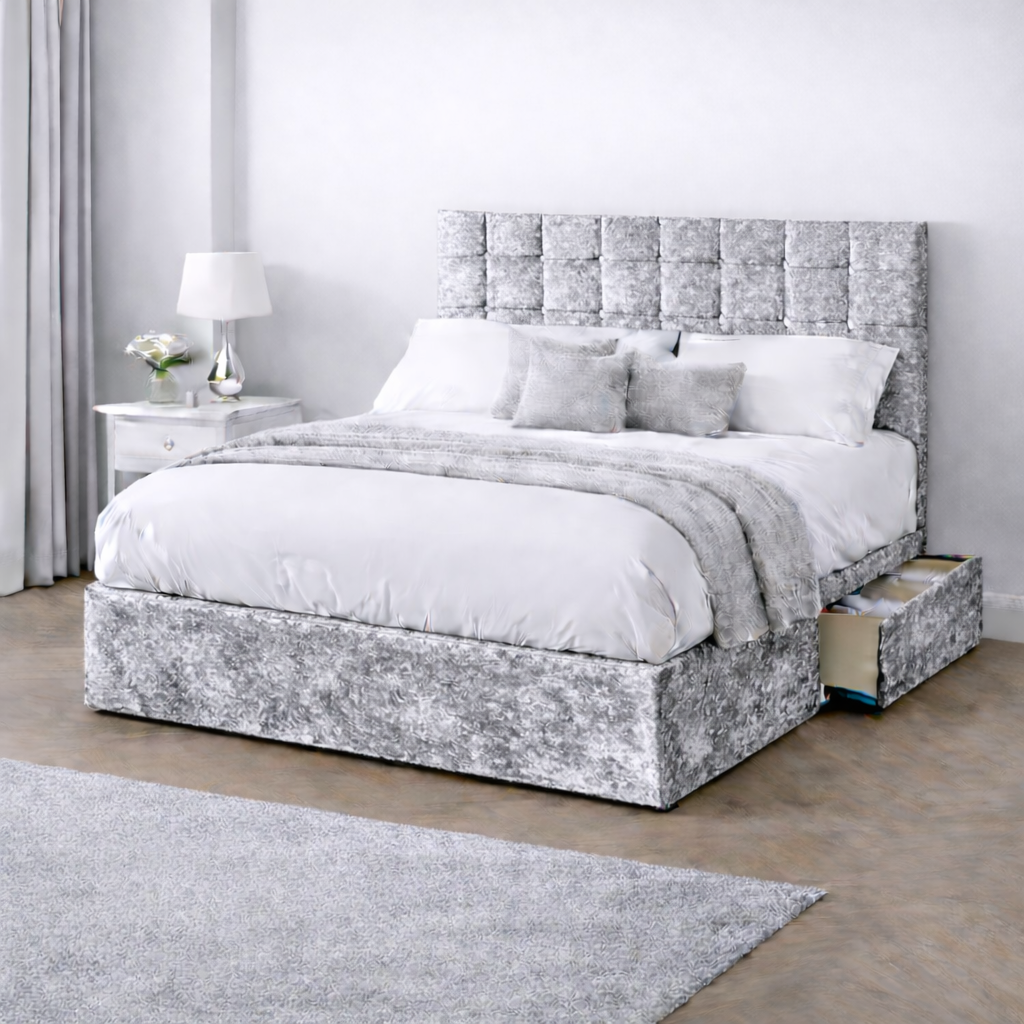 Crushed Velvet Bed with Headboard, Mattress & Drawer