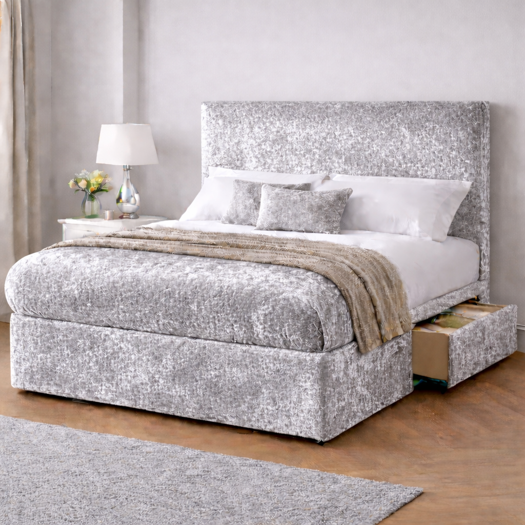 Crushed Velvet Bed with Headboard, Mattress & Drawer