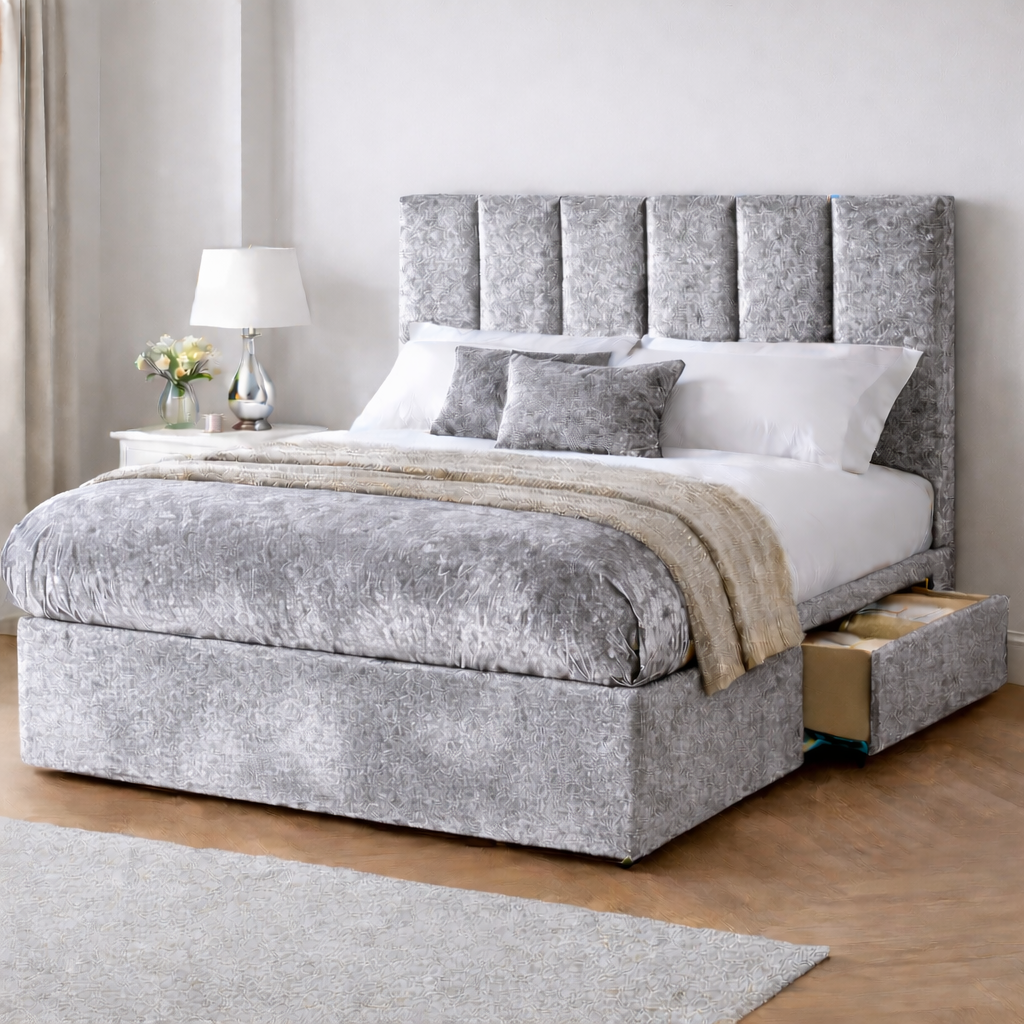 Crushed Velvet Bed with Headboard, Mattress & Drawer