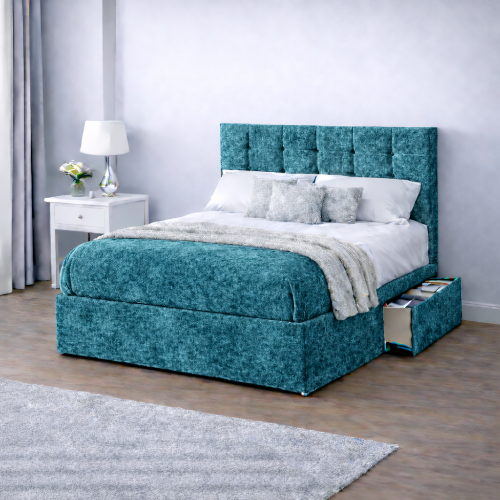 Crushed Velvet Bed with Headboard, Mattress & Drawer