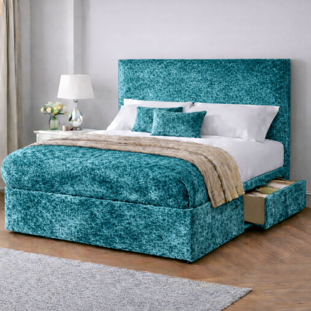 Crushed Velvet Bed with Headboard, Mattress & Drawer