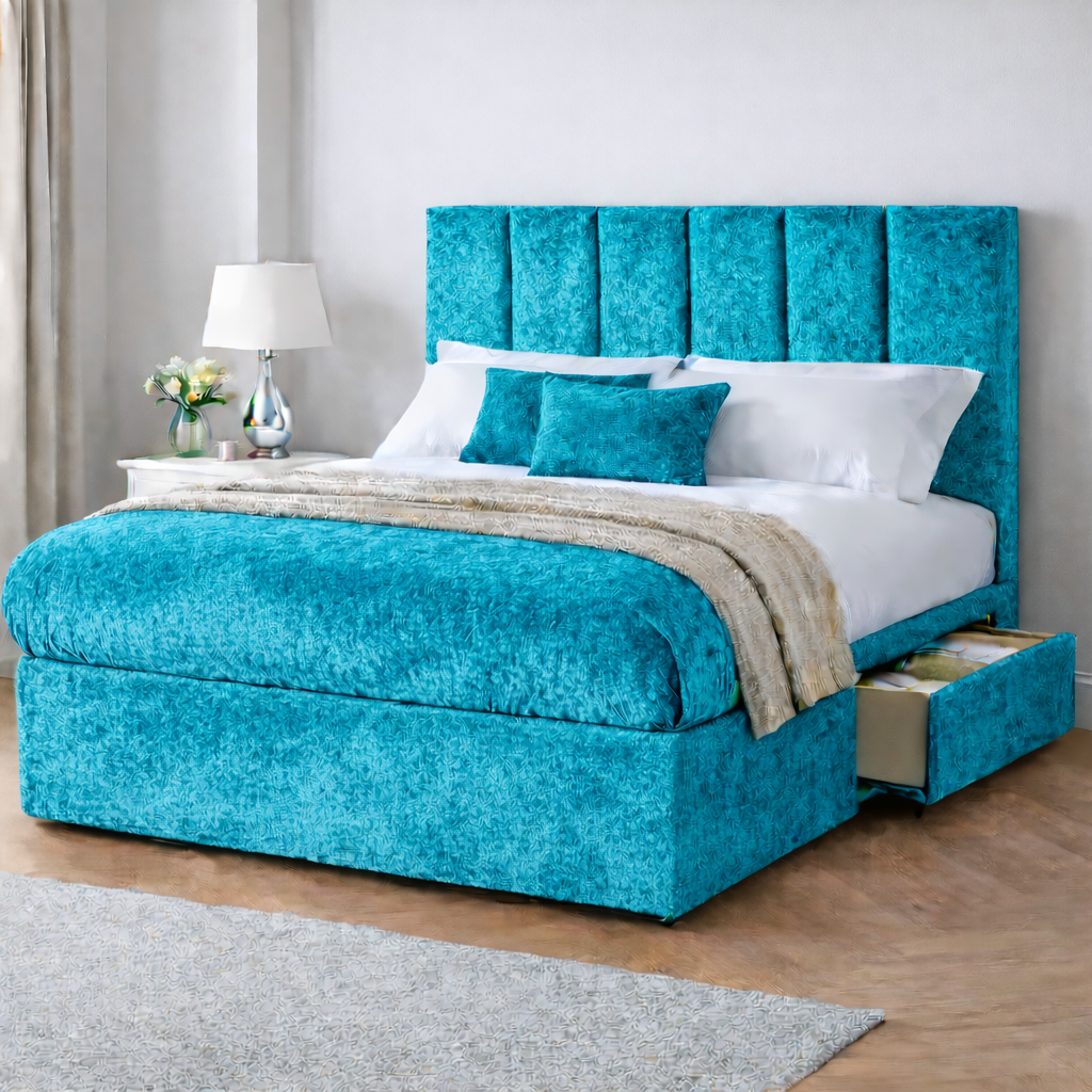 Crushed Velvet Bed with Headboard, Mattress & Drawer