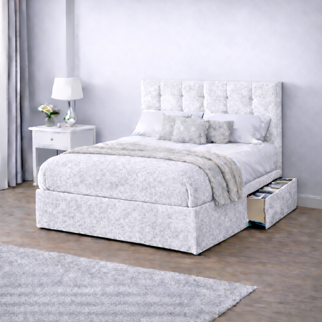 Crushed Velvet Bed with Headboard, Mattress & Drawer