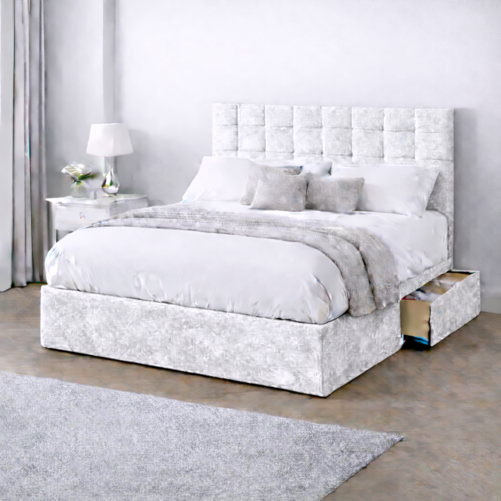Crushed Velvet Bed with Headboard, Mattress & Drawer