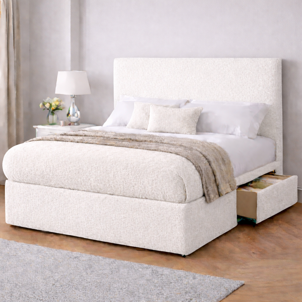 Crushed Velvet Bed with Headboard, Mattress & Drawer