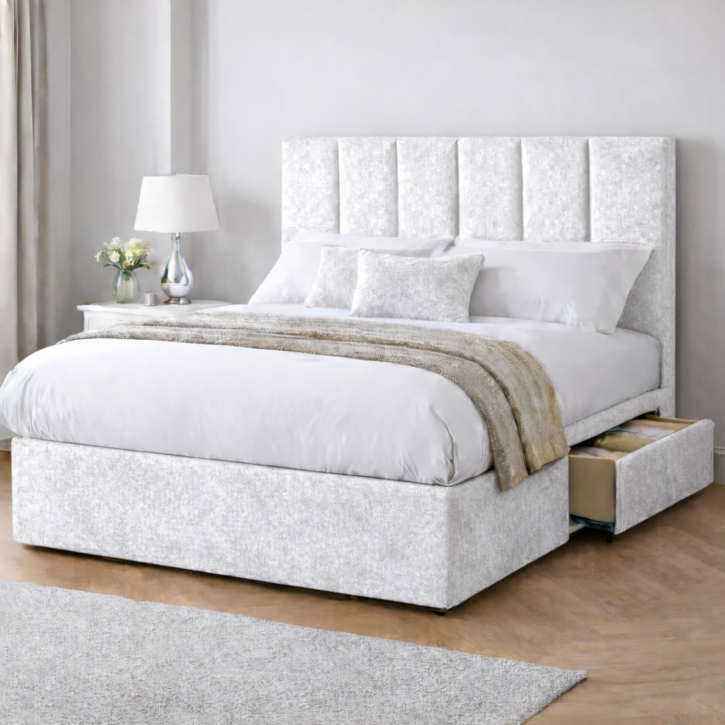 Crushed Velvet Bed with Headboard, Mattress & Drawer