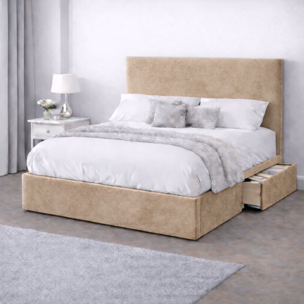 Plush Velvet Bed with Headboard, Mattress & Drawer