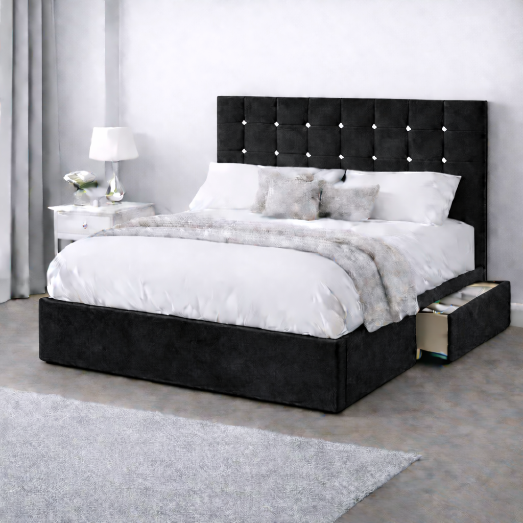 Plush Velvet Bed with Headboard, Mattress & Drawer