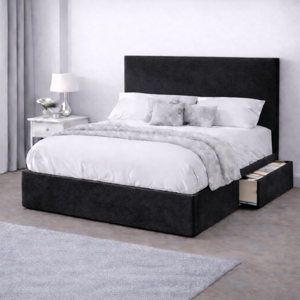 Plush Velvet Bed with Headboard, Mattress & Drawer