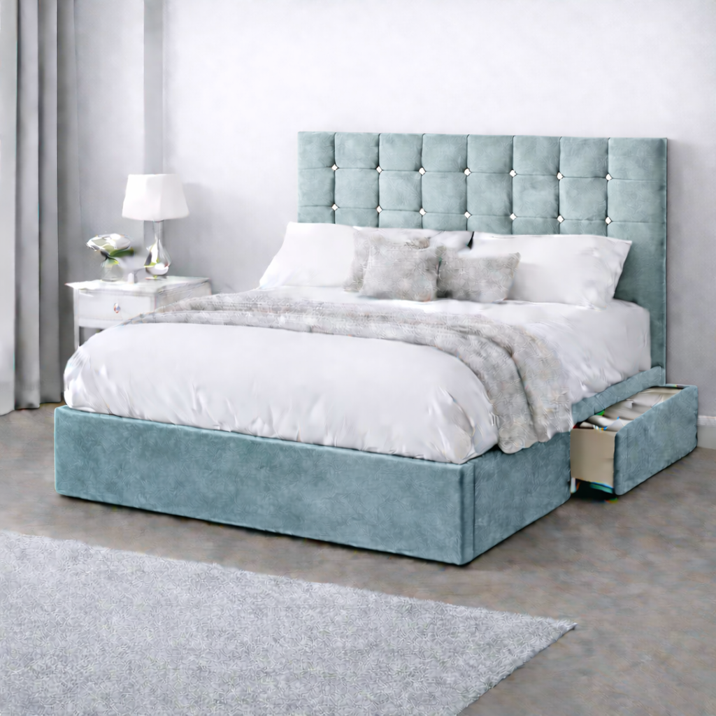 Plush Velvet Bed with Headboard, Mattress & Drawer