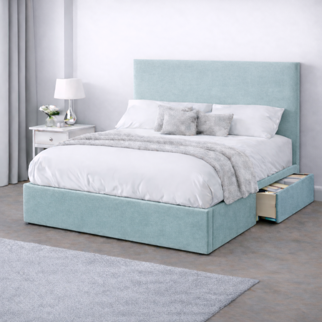 Plush Velvet Bed with Headboard, Mattress & Drawer