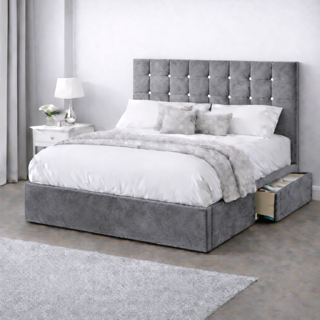 Plush Velvet Bed with Headboard, Mattress & Drawer