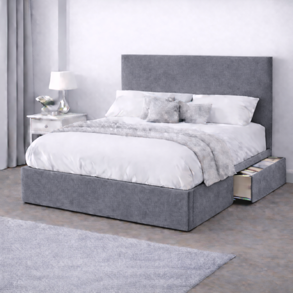 Plush Velvet Bed with Headboard, Mattress & Drawer