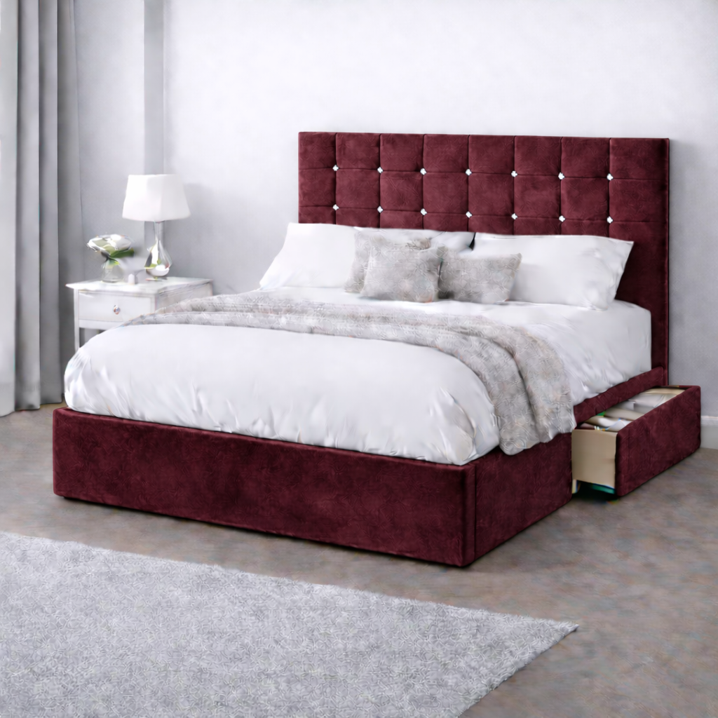 Plush Velvet Bed with Headboard, Mattress & Drawer
