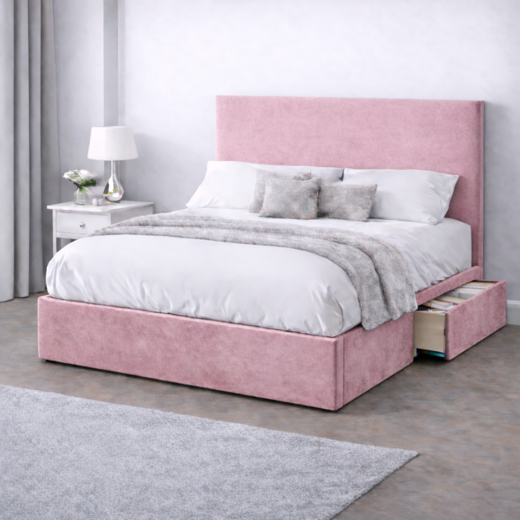 Plush Velvet Bed with Headboard, Mattress & Drawer