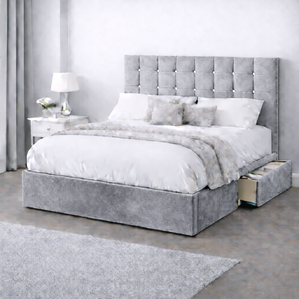 Plush Velvet Bed with Headboard, Mattress & Drawer