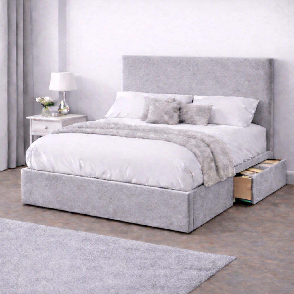 Plush Velvet Bed with Headboard, Mattress & Drawer