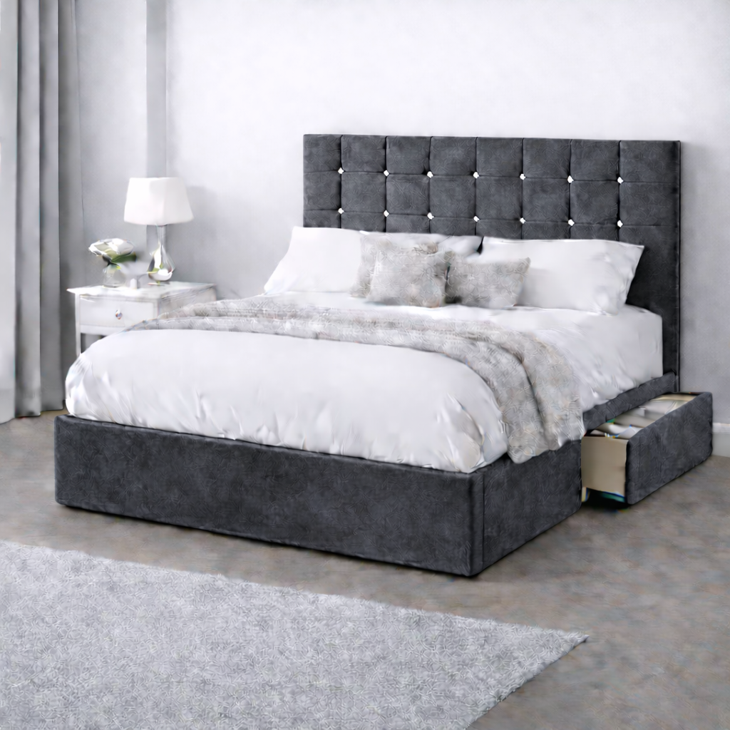 Plush Velvet Bed with Headboard, Mattress & Drawer