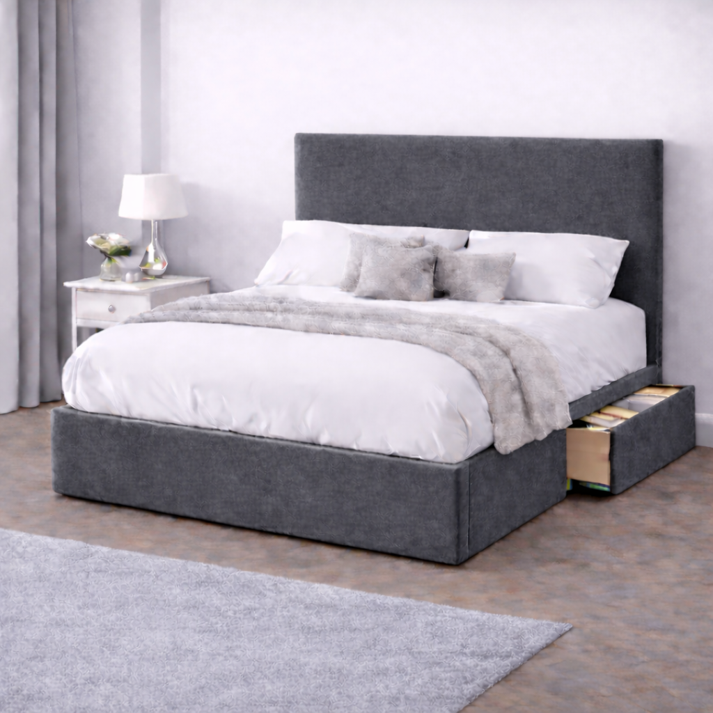 Plush Velvet Bed with Headboard, Mattress & Drawer