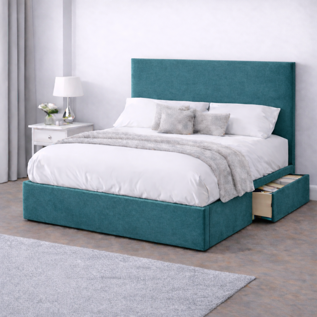 Plush Velvet Bed with Headboard, Mattress & Drawer