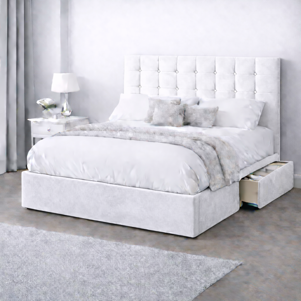 Plush Velvet Bed with Headboard, Mattress & Drawer