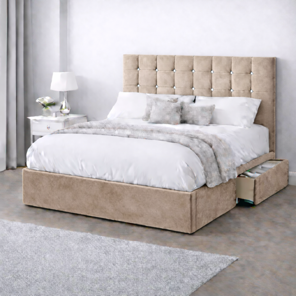 Plush Velvet Bed with Headboard, Mattress & Drawer