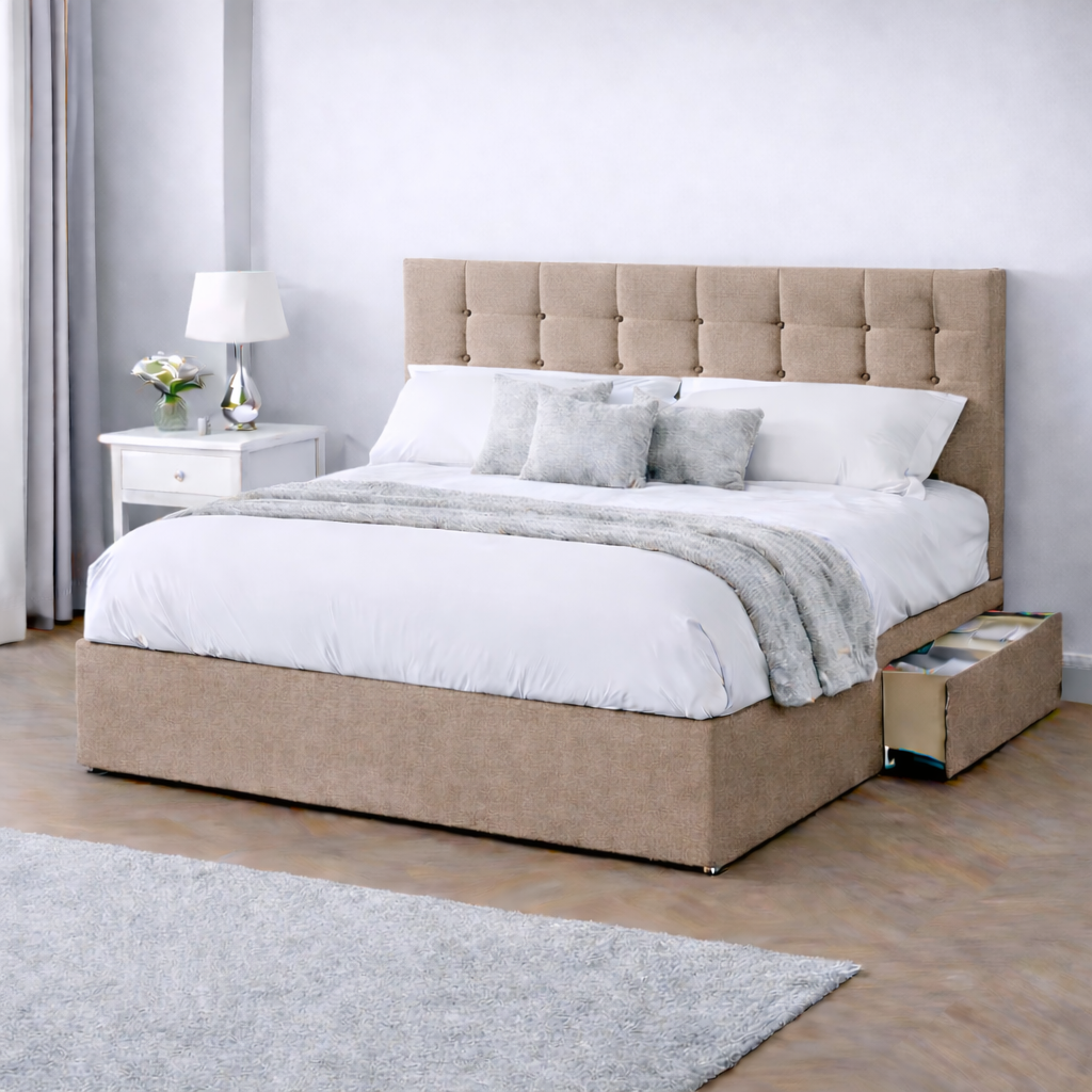Chenille Bed with Headboard, Mattress & Drawer