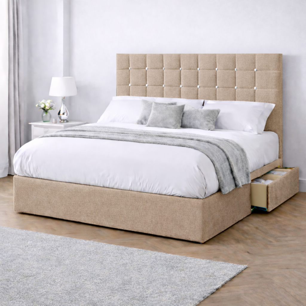 Chenille Bed with Headboard, Mattress & Drawer