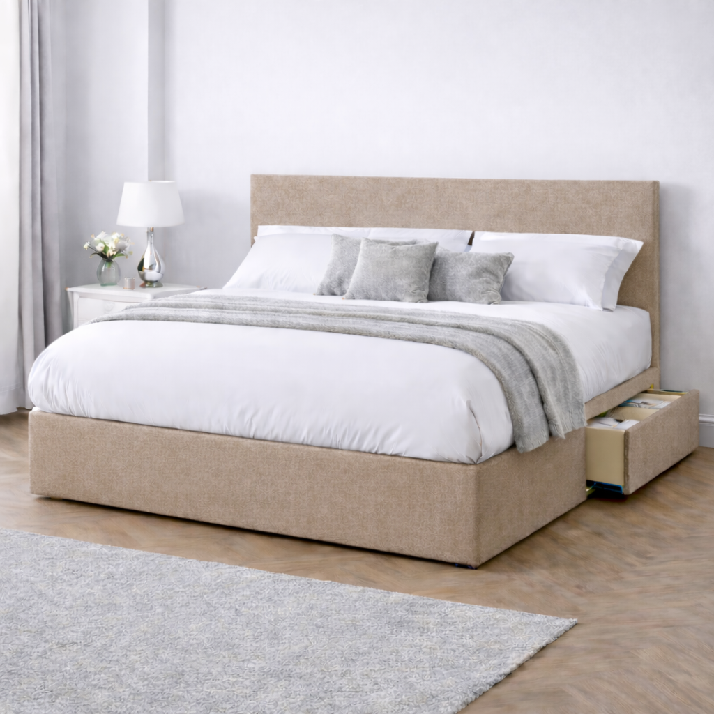 Chenille Bed with Headboard, Mattress & Drawer