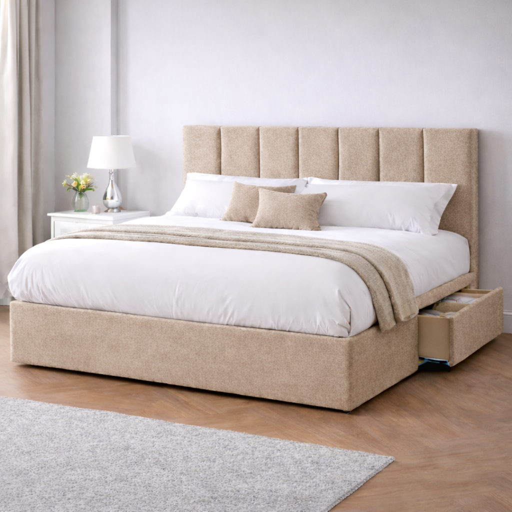 Chenille Bed with Headboard, Mattress & Drawer