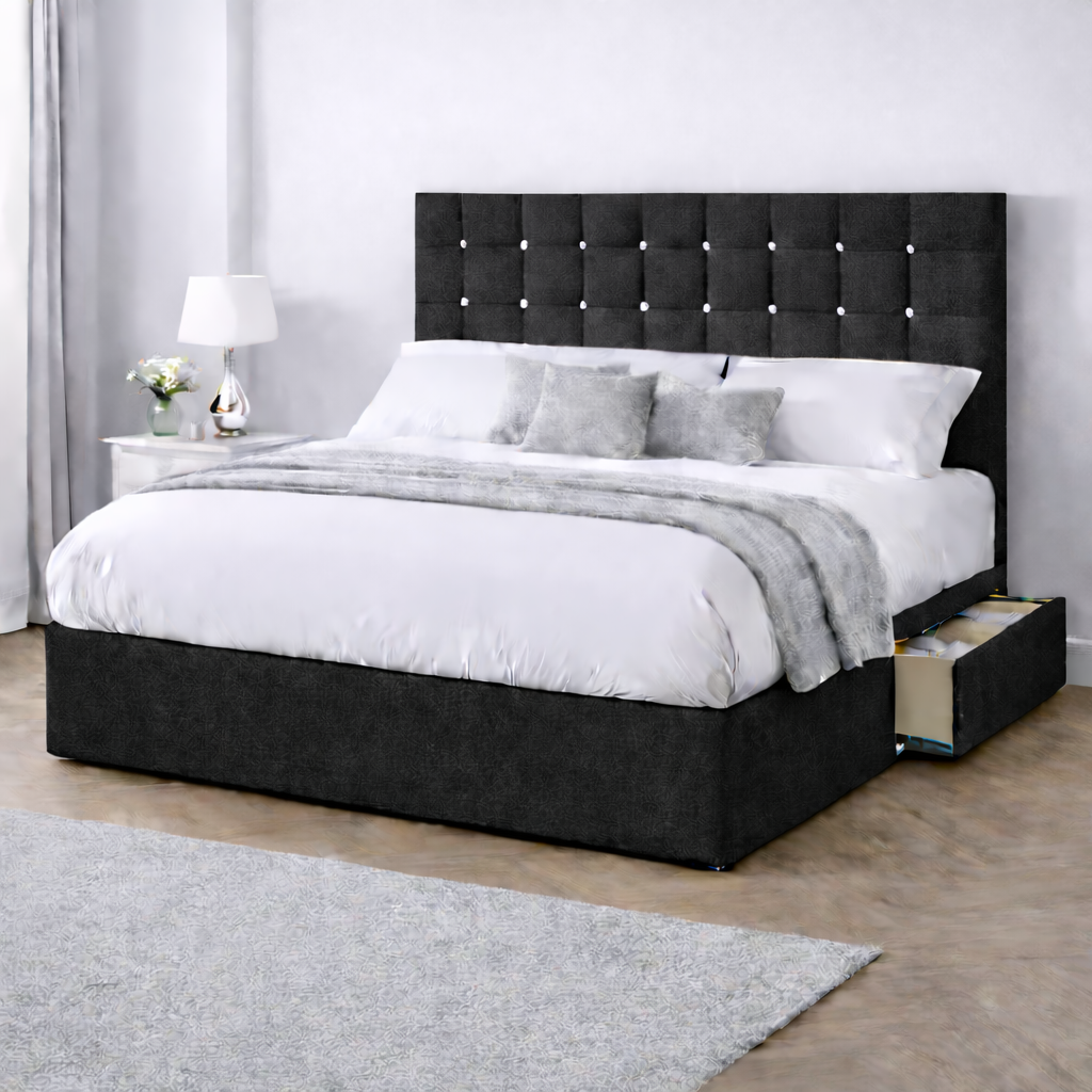 Chenille Bed with Headboard, Mattress & Drawer