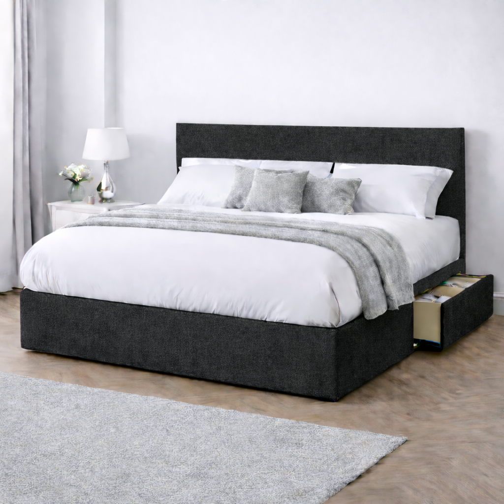 Chenille Bed with Headboard, Mattress & Drawer