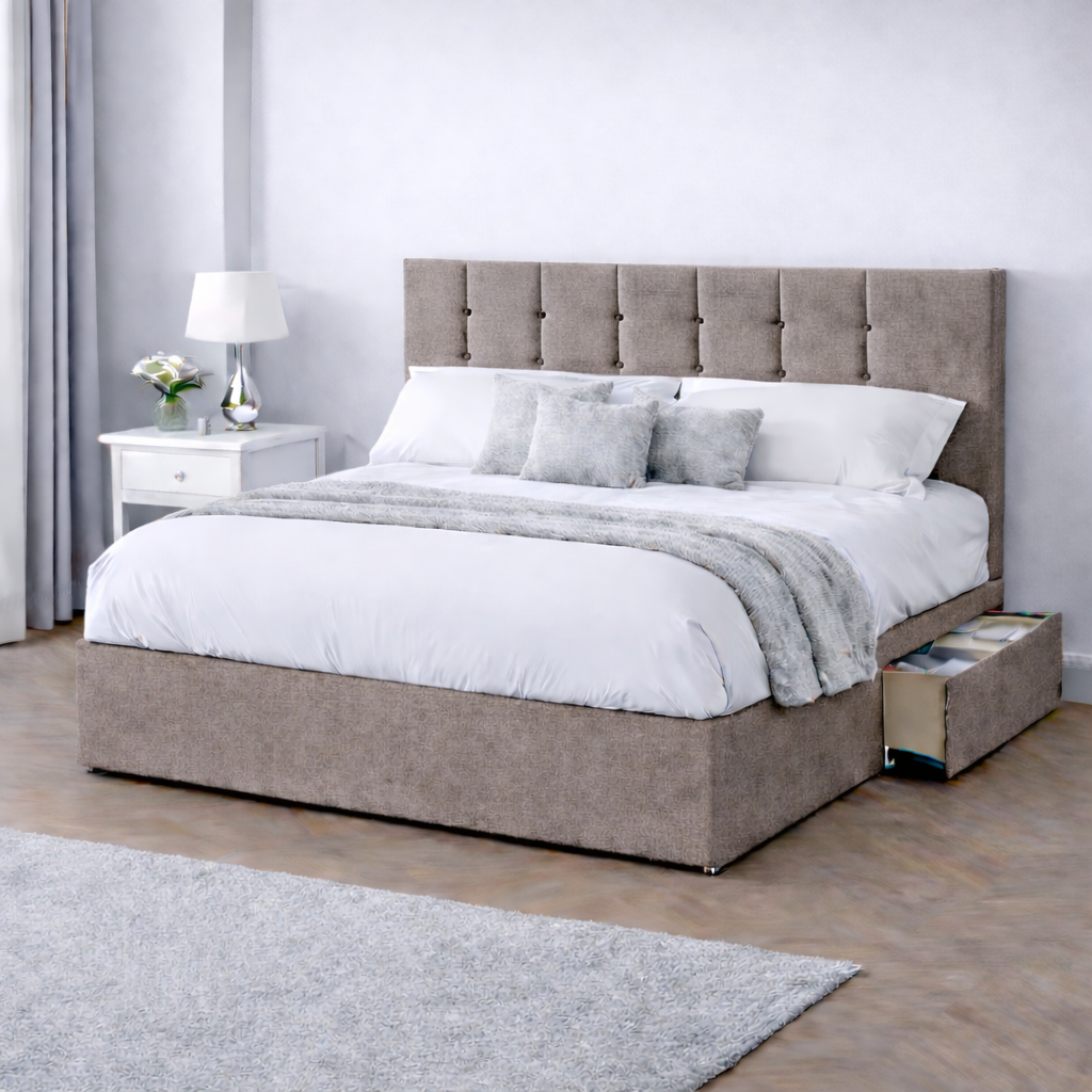 Chenille Bed with Headboard, Mattress & Drawer