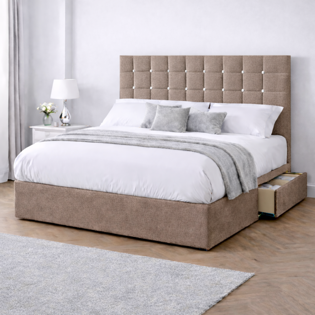 Chenille Bed with Headboard, Mattress & Drawer