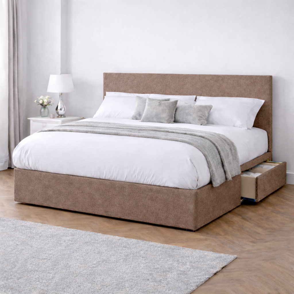 Chenille Bed with Headboard, Mattress & Drawer