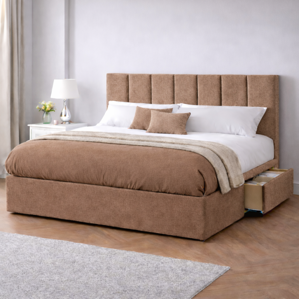 Chenille Bed with Headboard, Mattress & Drawer