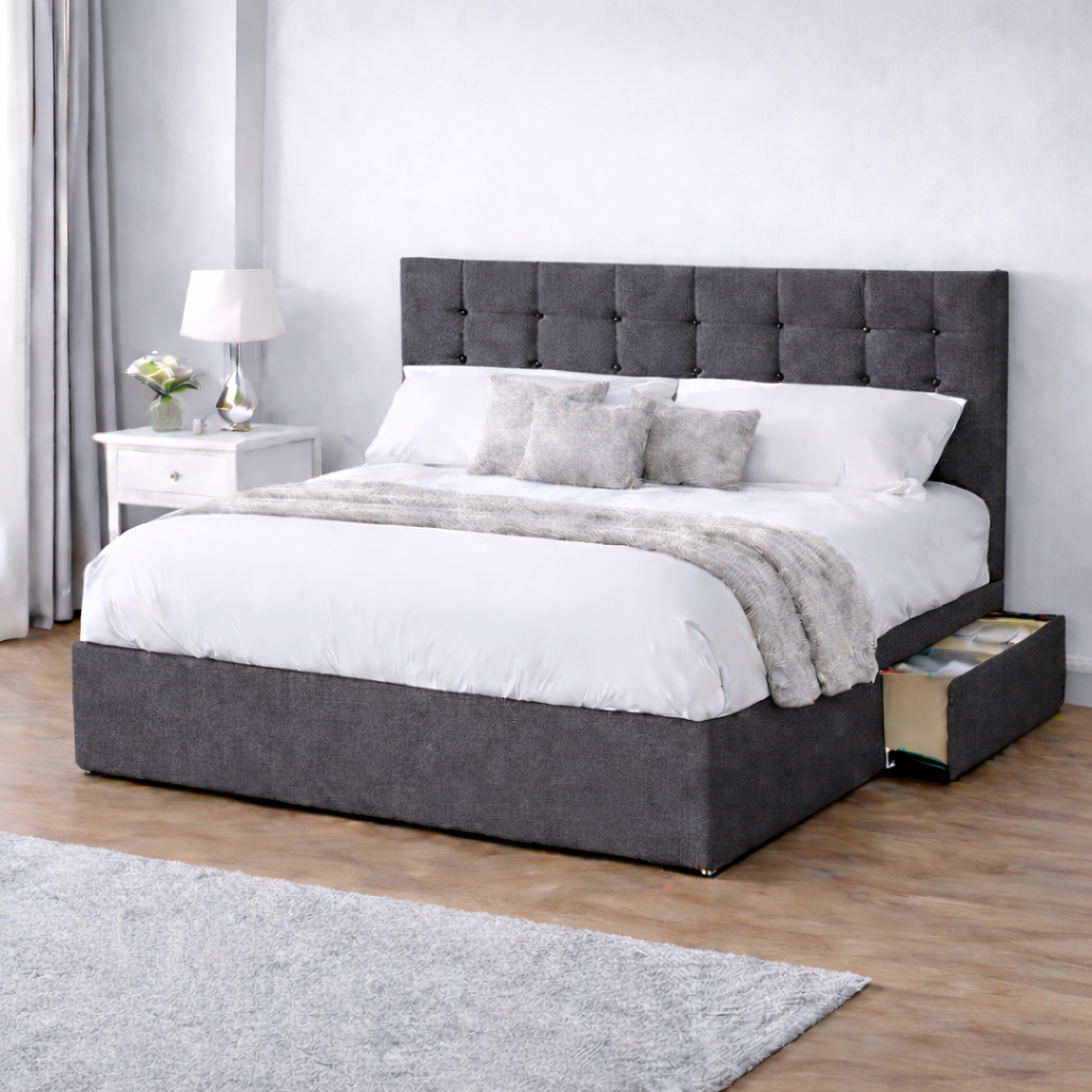 Chenille Bed with Headboard, Mattress & Drawer