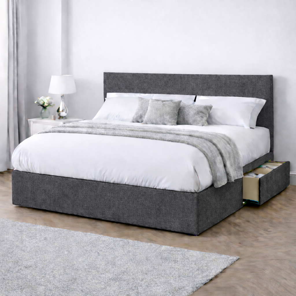 Chenille Bed with Headboard, Mattress & Drawer