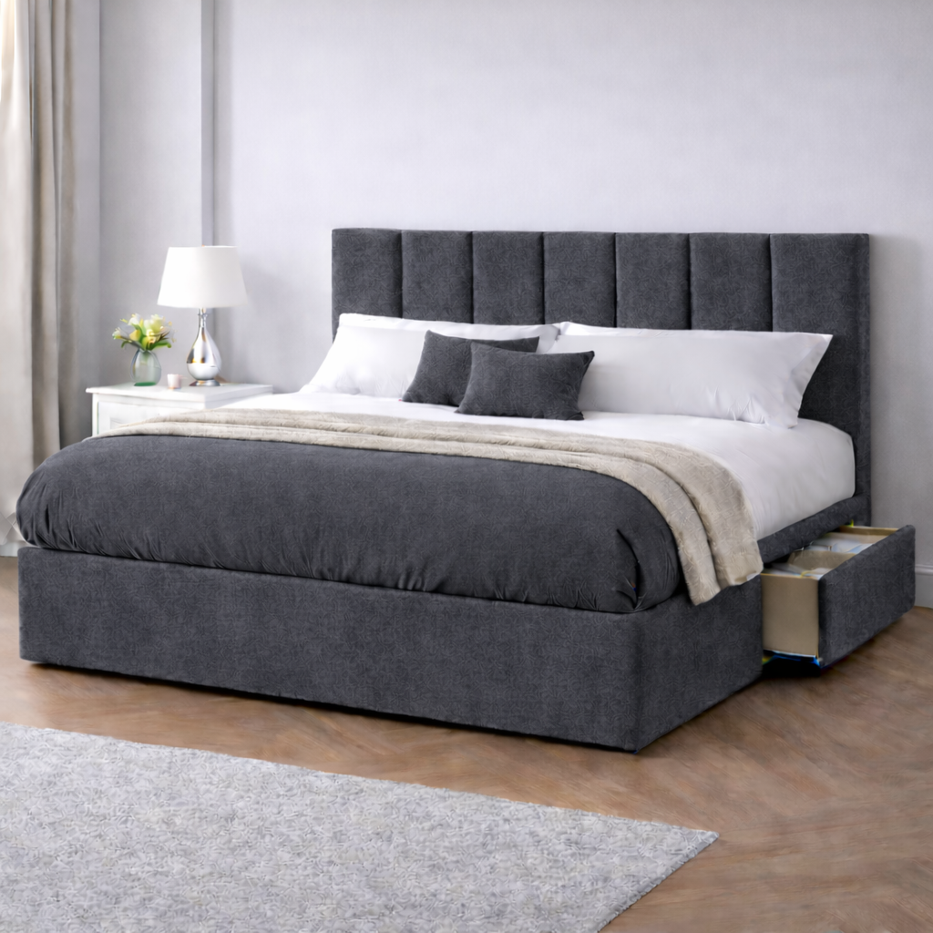 Chenille Bed with Headboard, Mattress & Drawer
